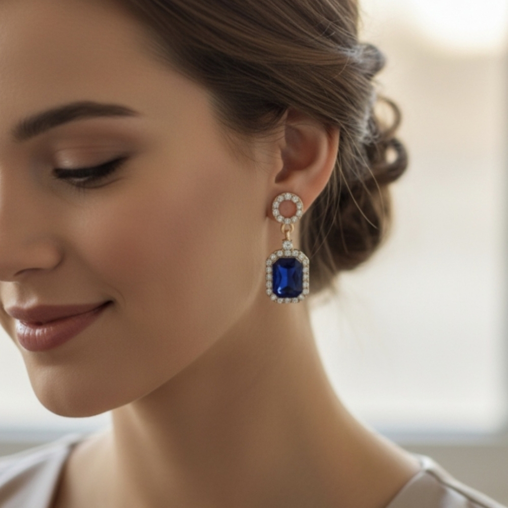 Gold-plated faux crystal earrings with high-quality blue and white crystals 4 Cm